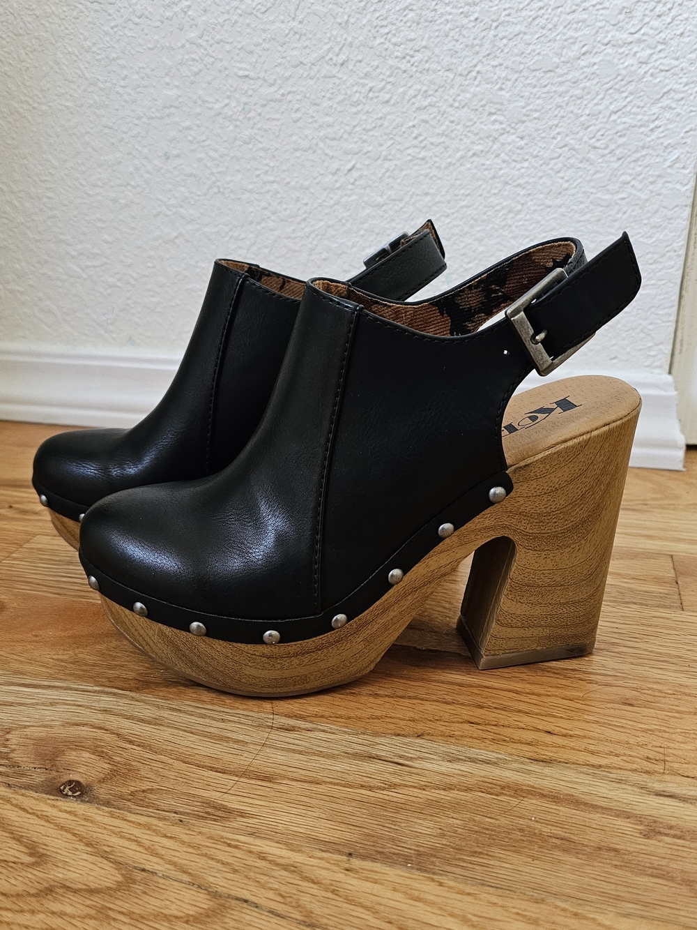 Kork-Ease Black Leather Platform Clogs with Wood Block Heel